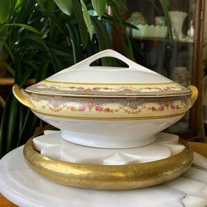 Antique 1920’s Bavaria HJ Co 5637 Floral + Gilded Gold Round Casserole Dish